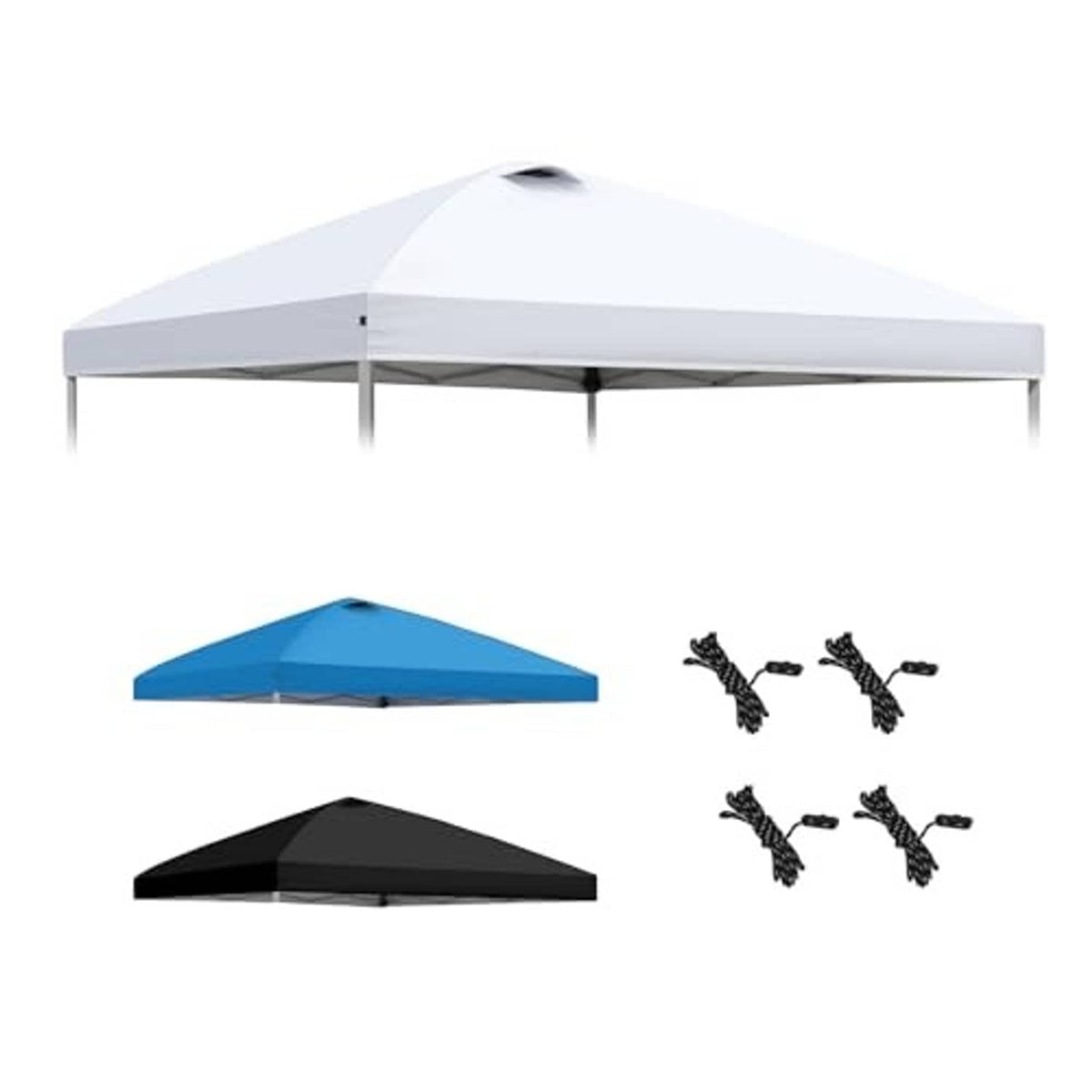 White vented canopy top with roof vent hole and guy rope accessory set
