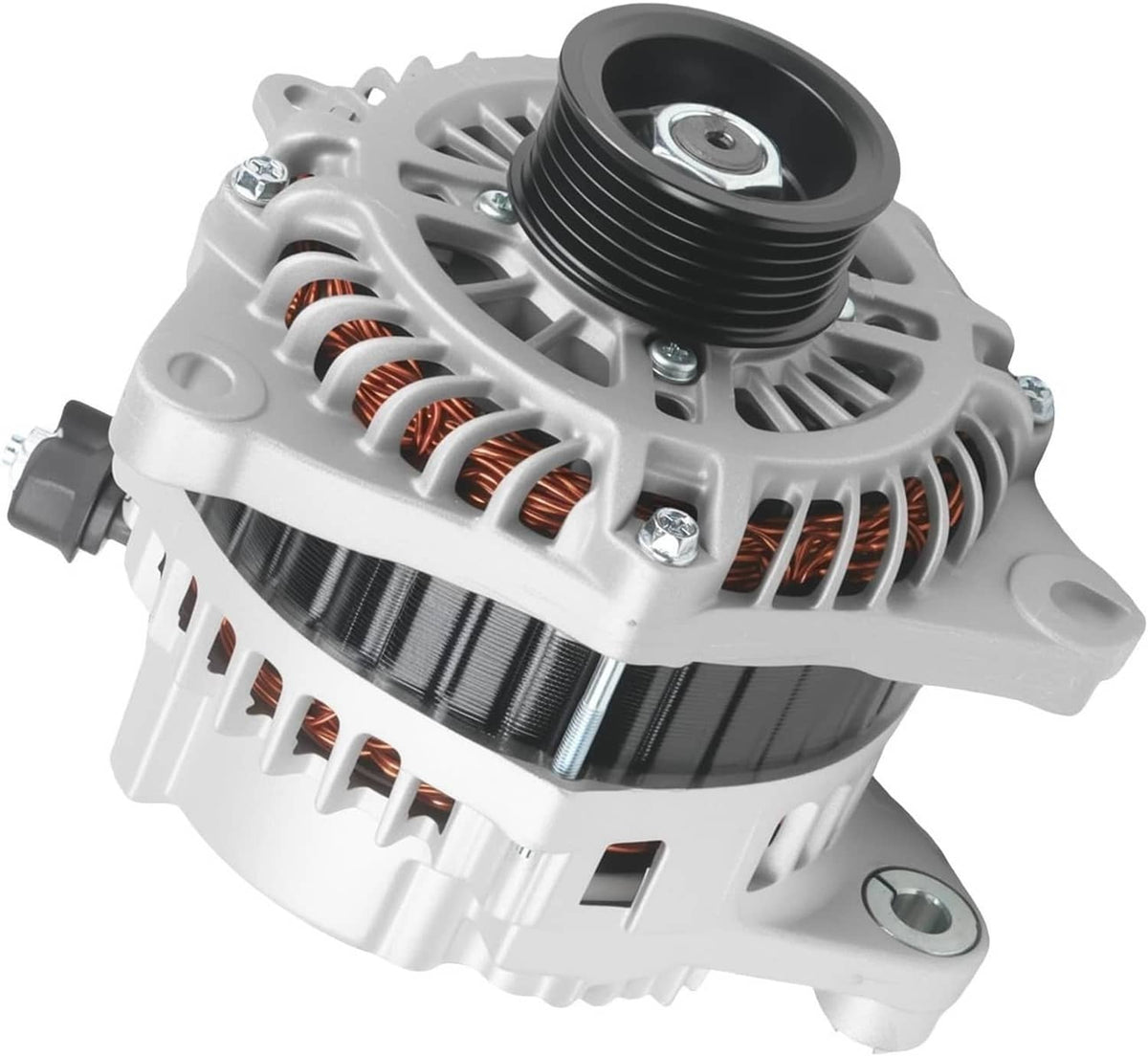 Alternator top view with serpentine pulley and copper windings; vented white frame