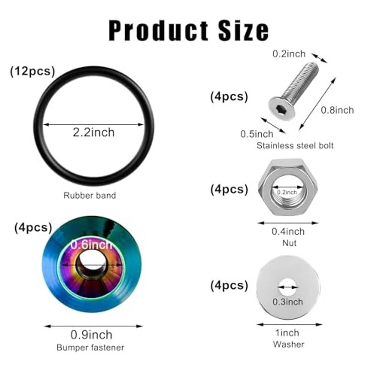 Fastener kit size diagram: rubber band ring, stainless bolts, nuts, and washers