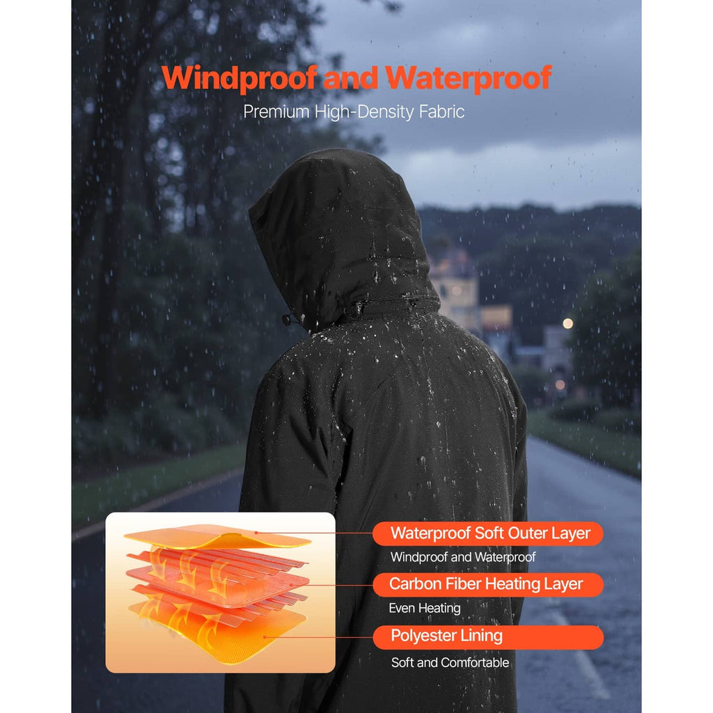 Black hooded heated jacket with water-resistant soft outer shell appearance