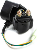 Black solenoid starter relay with two brass terminals and multicolor wire leads