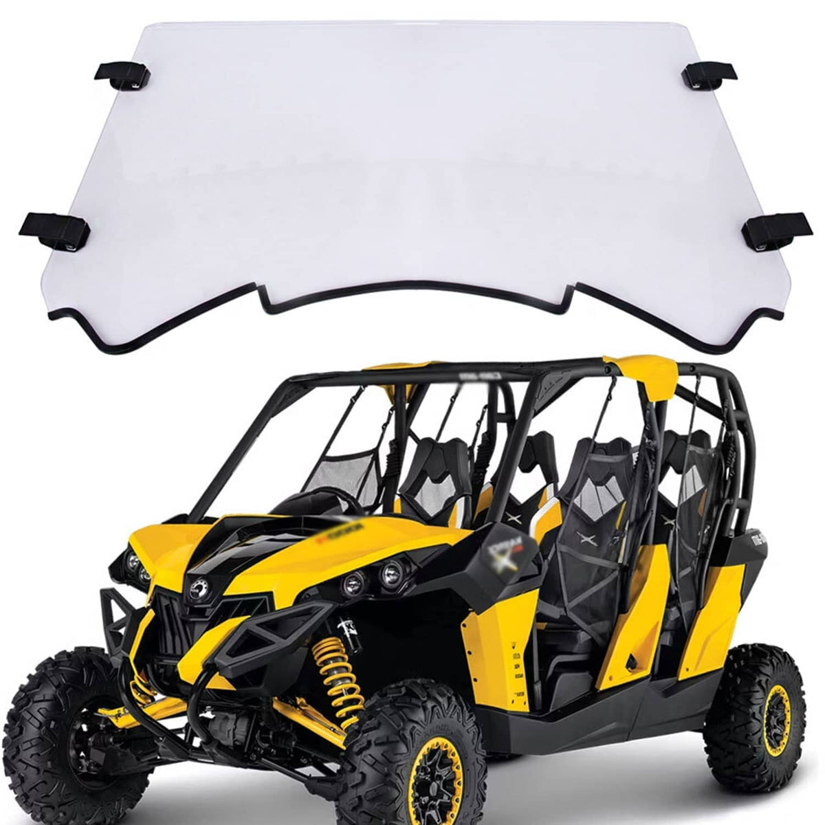 Clear polycarbonate UTV windshield with black mounting clamps and curved bottom cutout