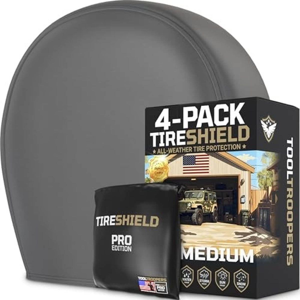 Gray Medium tire cover with black TIRESHIELD PRO 4-pack packaging