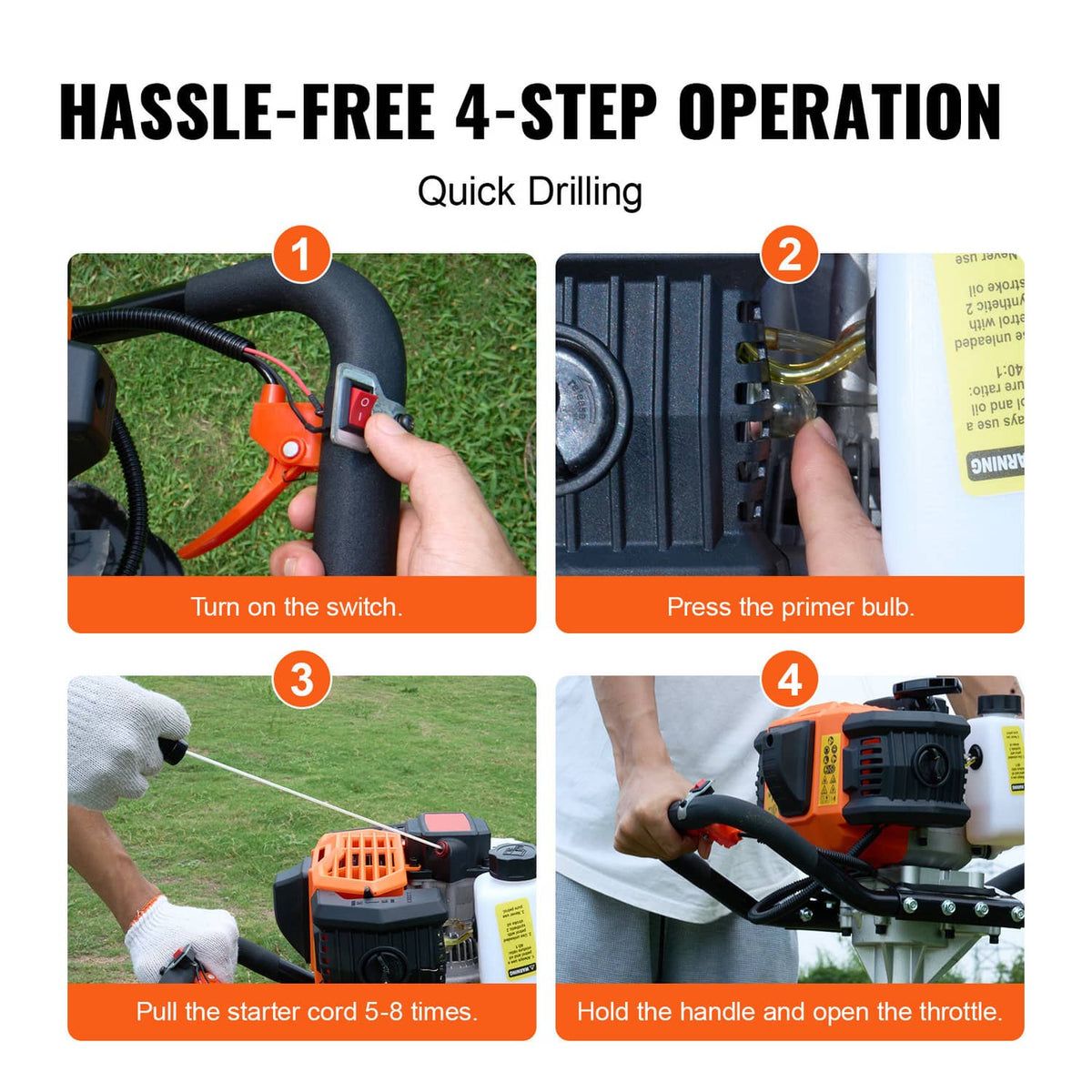 Gas post hole digger controls shown with hands and primer bulb steps