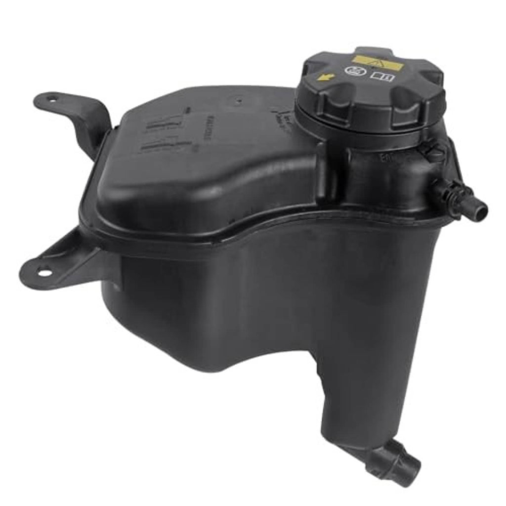 Black radiator coolant expansion tank with cap and side hose outlets