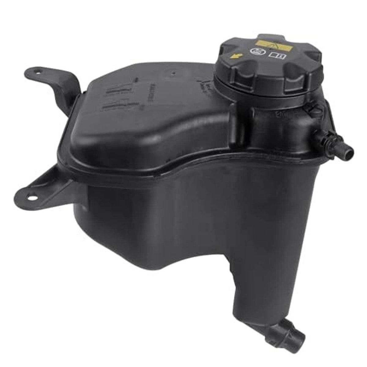 Black radiator coolant expansion tank with cap and side hose outlets
