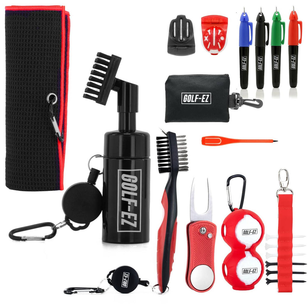 Golf cleaning accessory kit with red-and-black microfiber towel and multiple brushes