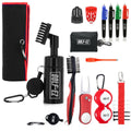 Golf cleaning accessory kit with red-and-black microfiber towel and multiple brushes