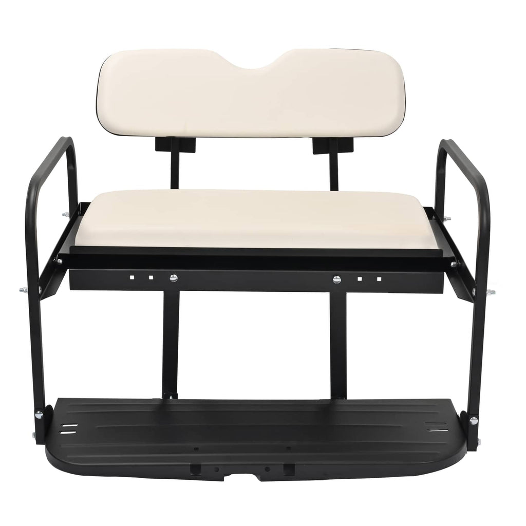 Folding golf cart rear flip back seat with off-white cushion and black frame