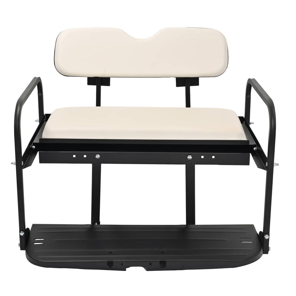 Folding golf cart rear flip back seat with off-white cushion and black frame