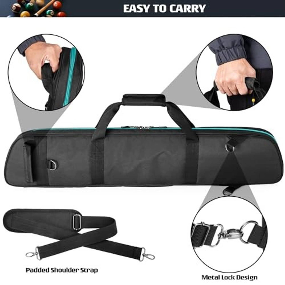 Soft pool cue case with padded shoulder strap, black with teal trim and metal lock