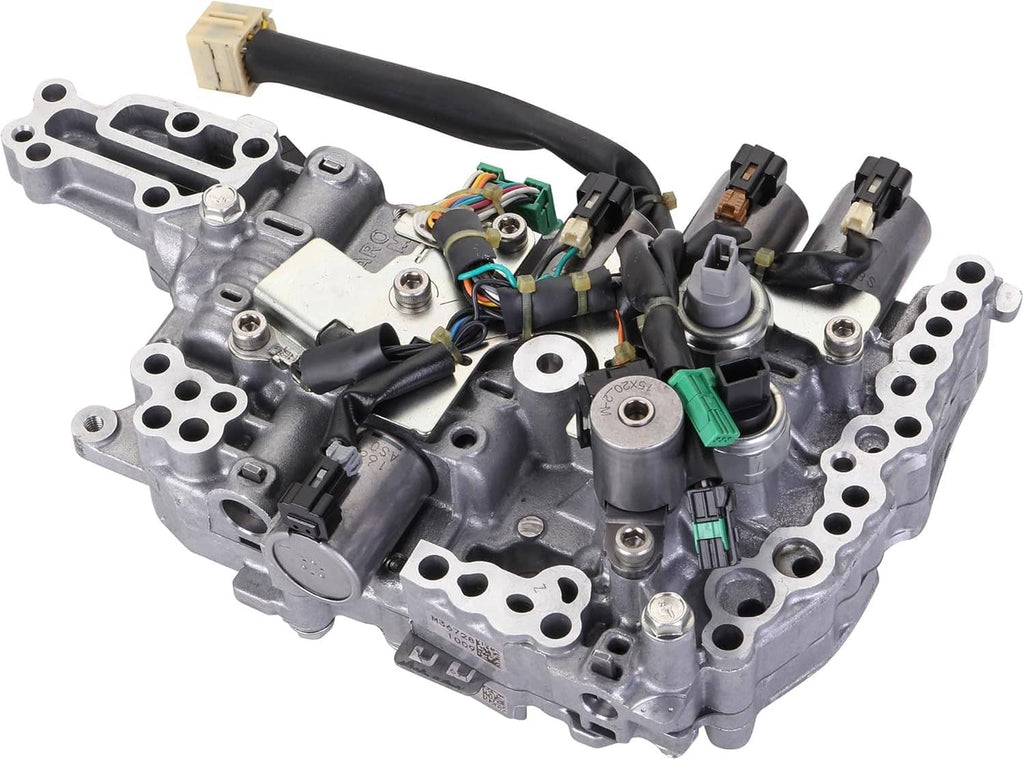 CVT transmission valve body with solenoids, silver housing with multi-wire harness