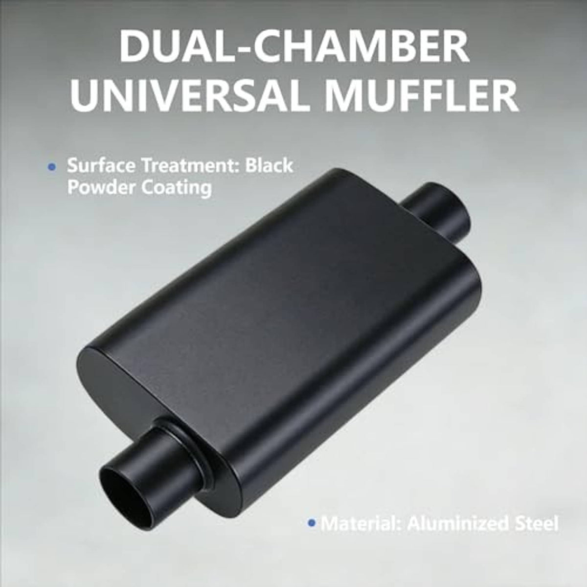 Black powder-coated steel muffler with inlet and outlet pipes