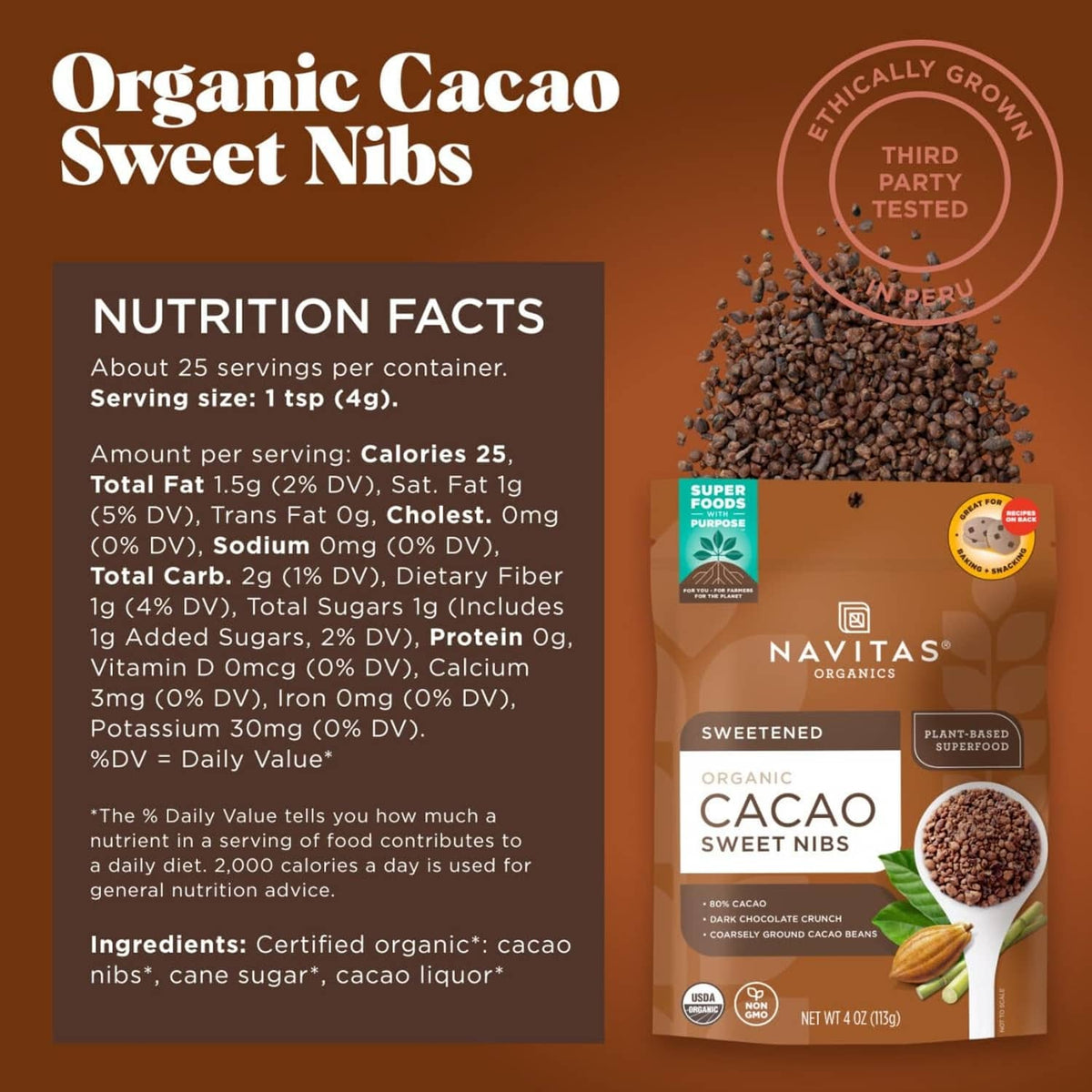 Organic cacao sweet nibs pouch back panel with nutrition facts and small nib photo