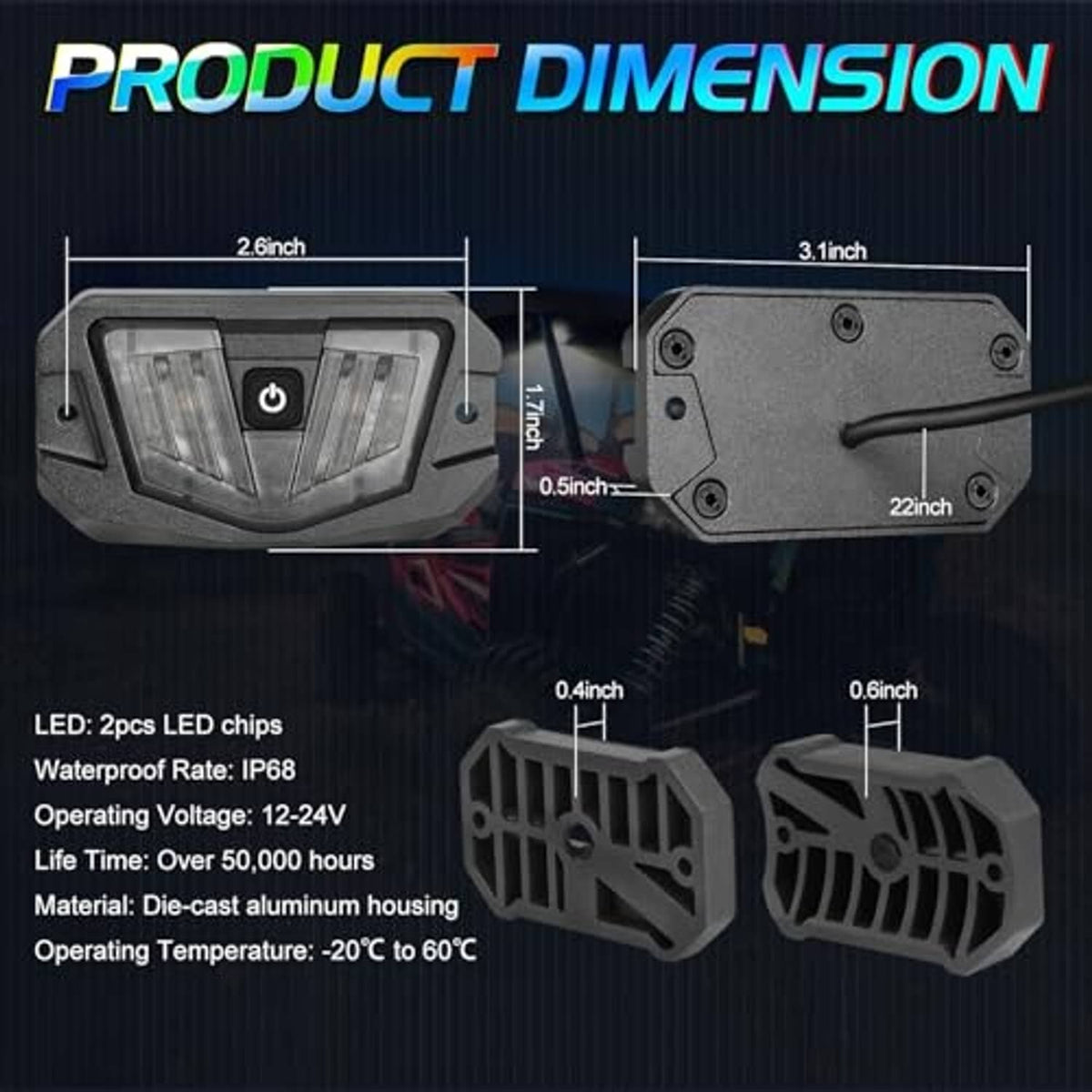 Gray UTV LED dome light with size diagram, die-cast aluminum housing and mount