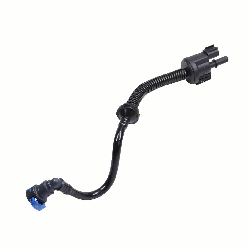 Black fuel vapor hose with ribbed segment and two-prong electrical plug
