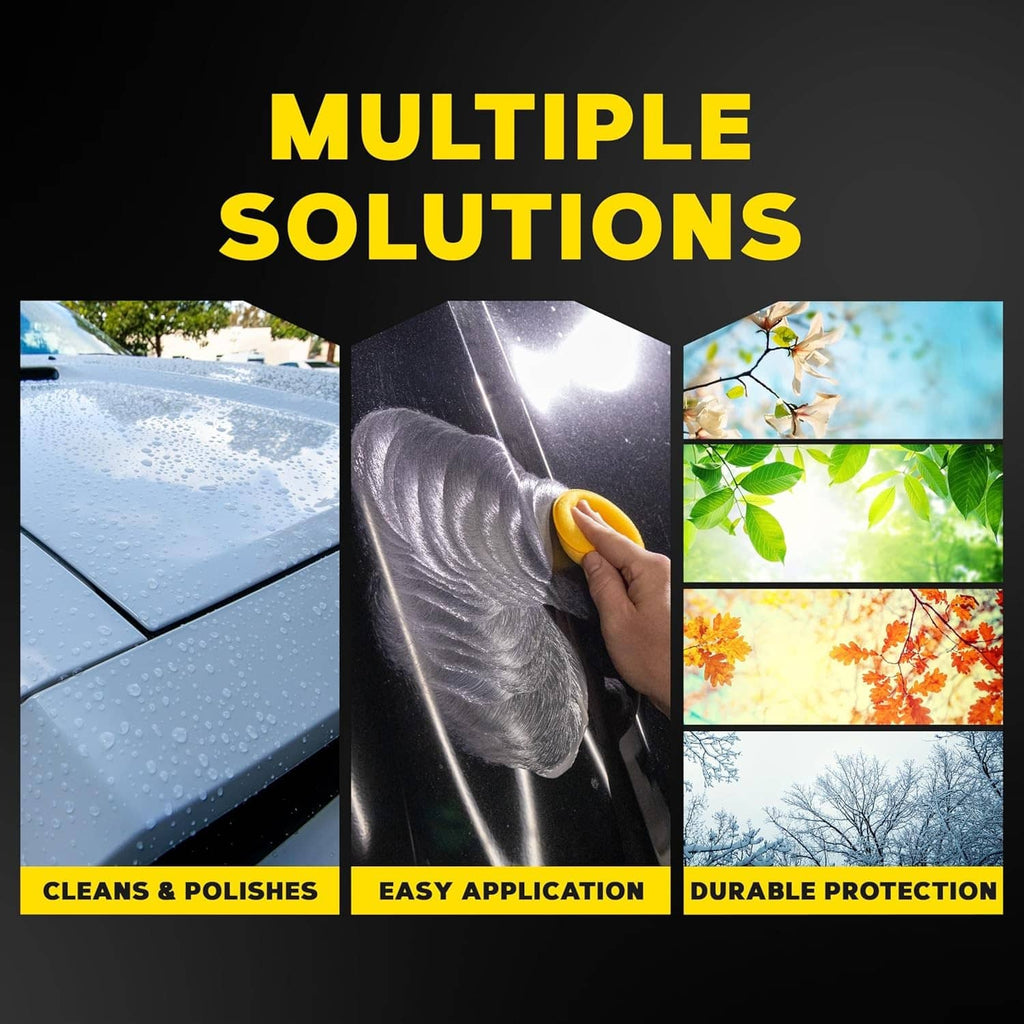 Car wax promotional graphic reading "Multiple Solutions" with three benefit panels