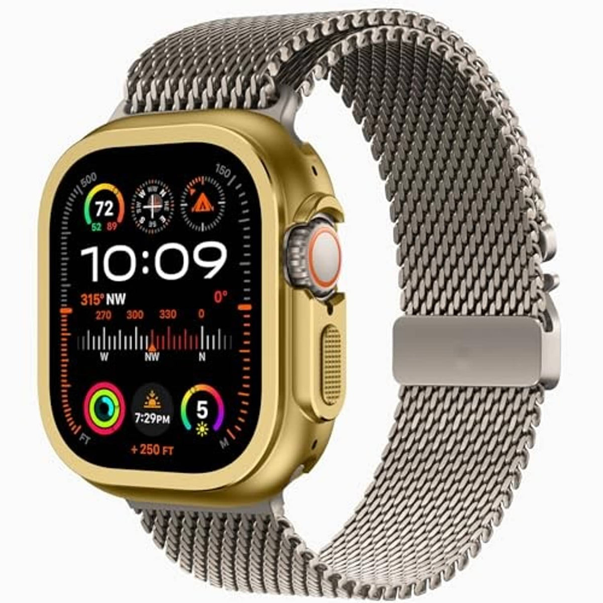 Gold metal watch case with magnet-style opening and gray metal mesh watch band