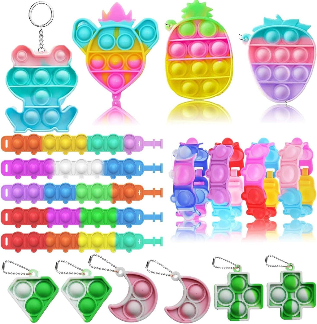 Colorful pop fidget keychain toys in heart, animal, and character shapes