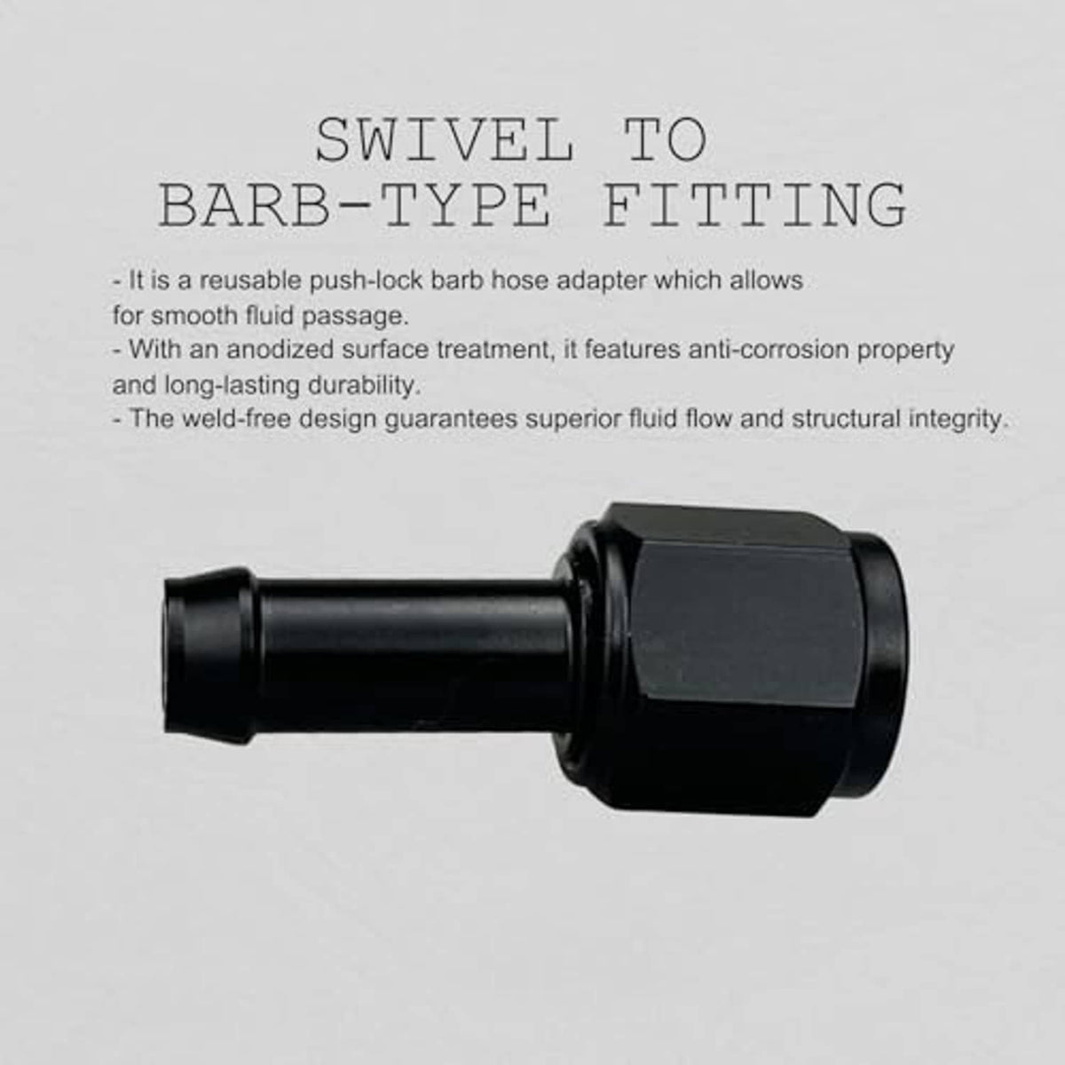 Black swivel-to-barb hose adapter with barbed end and push-lock fitting body