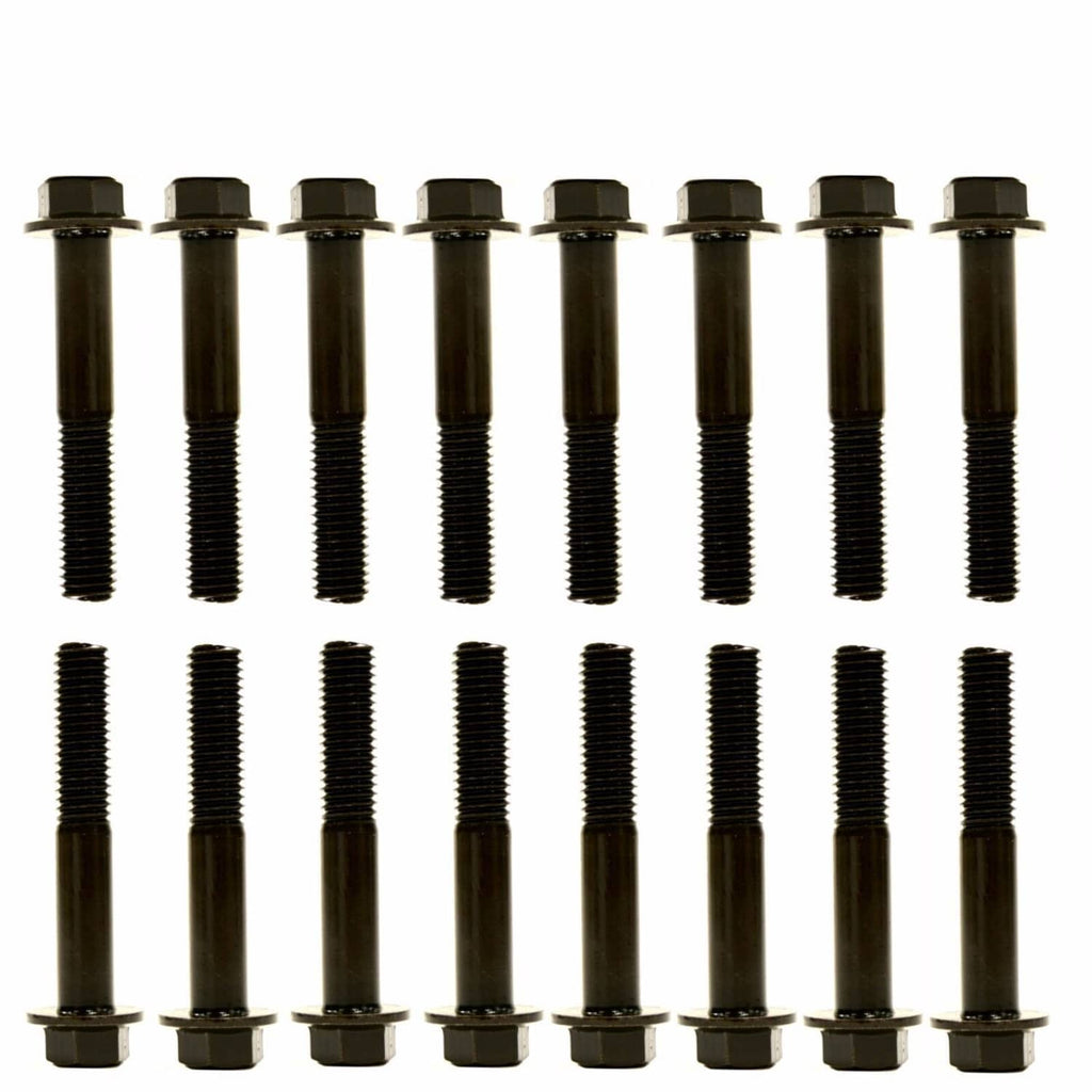 16 black exhaust manifold bolts standing upright, each with hex head and threaded shank