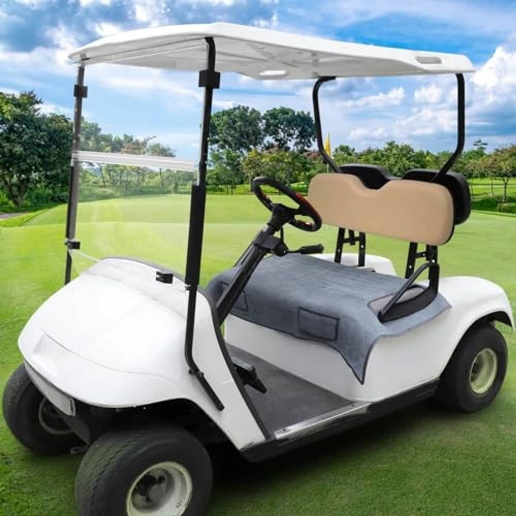 Gray golf cart seat blanket cover with two front pockets on a 2-seat cart