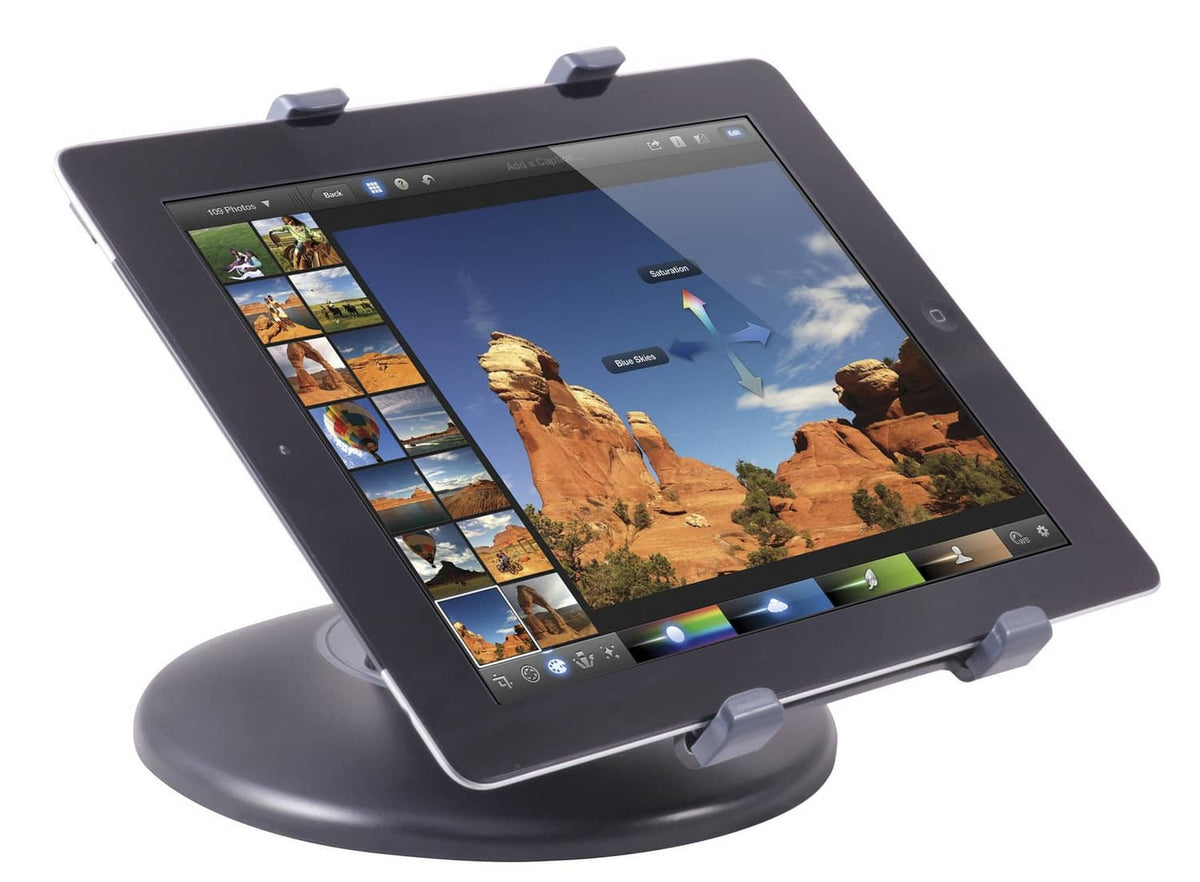Tilt tablet stand with black base and gray corner clamps for secure device placement