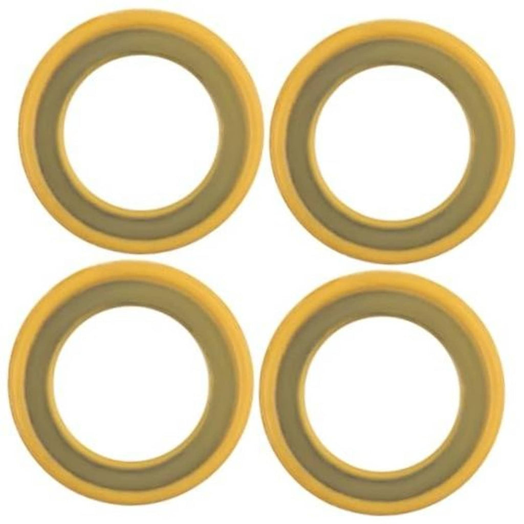 Set of four round rubber gearcase drain plug seal gaskets, yellow outer ring, gray inner seal