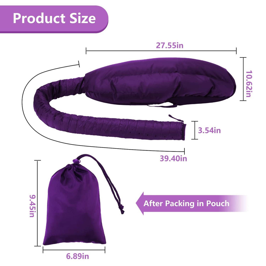 Purple hooded hair dryer bonnet with drawstring storage pouch