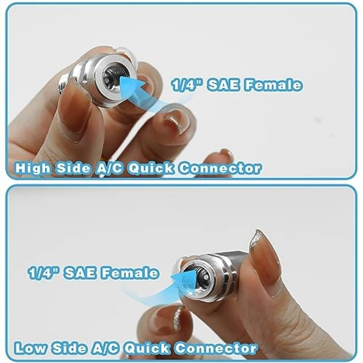 A/C quick connector with silver 1/4 SAE female fitting and blue coupler cap