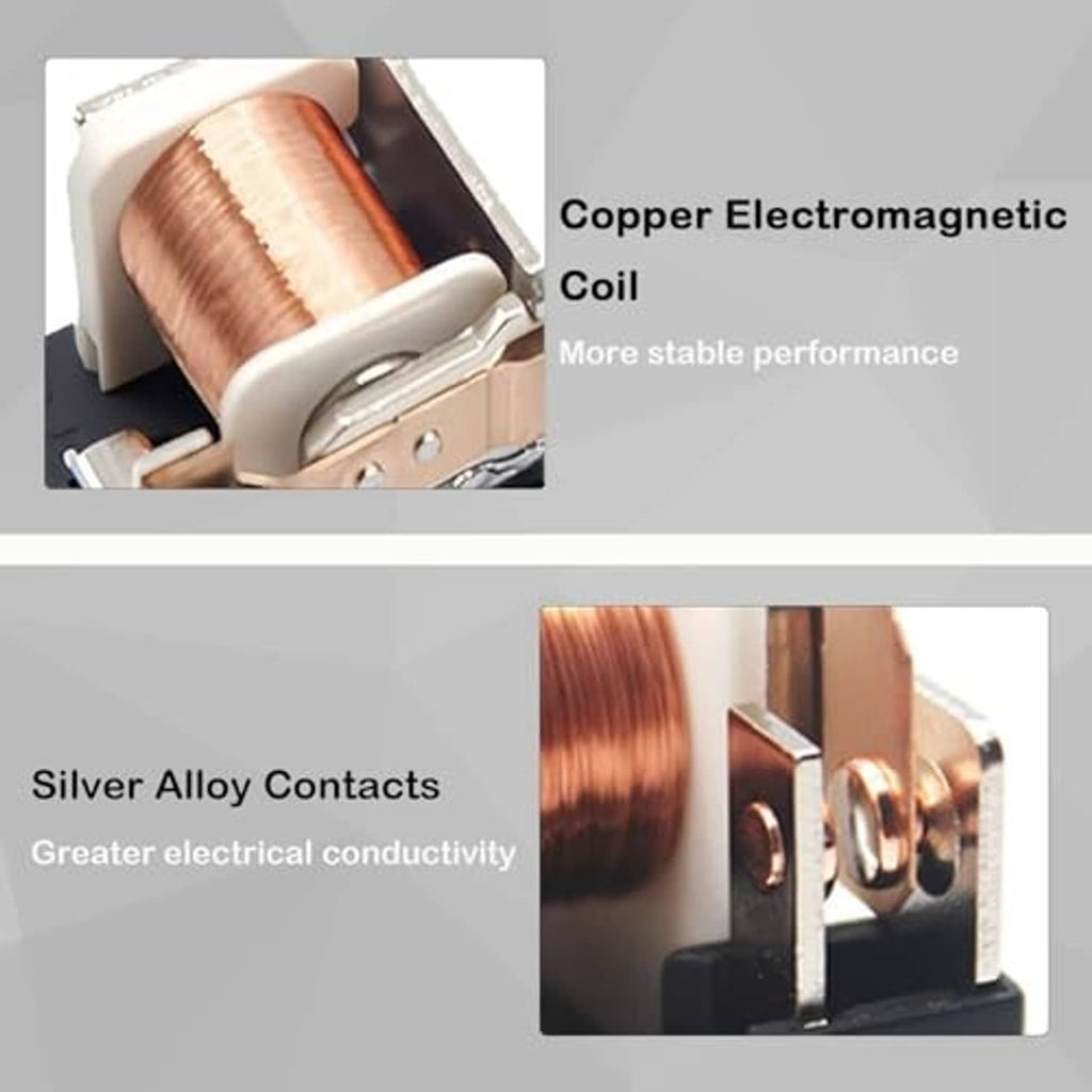 Relay internal details: copper electromagnetic coil and silver alloy contacts