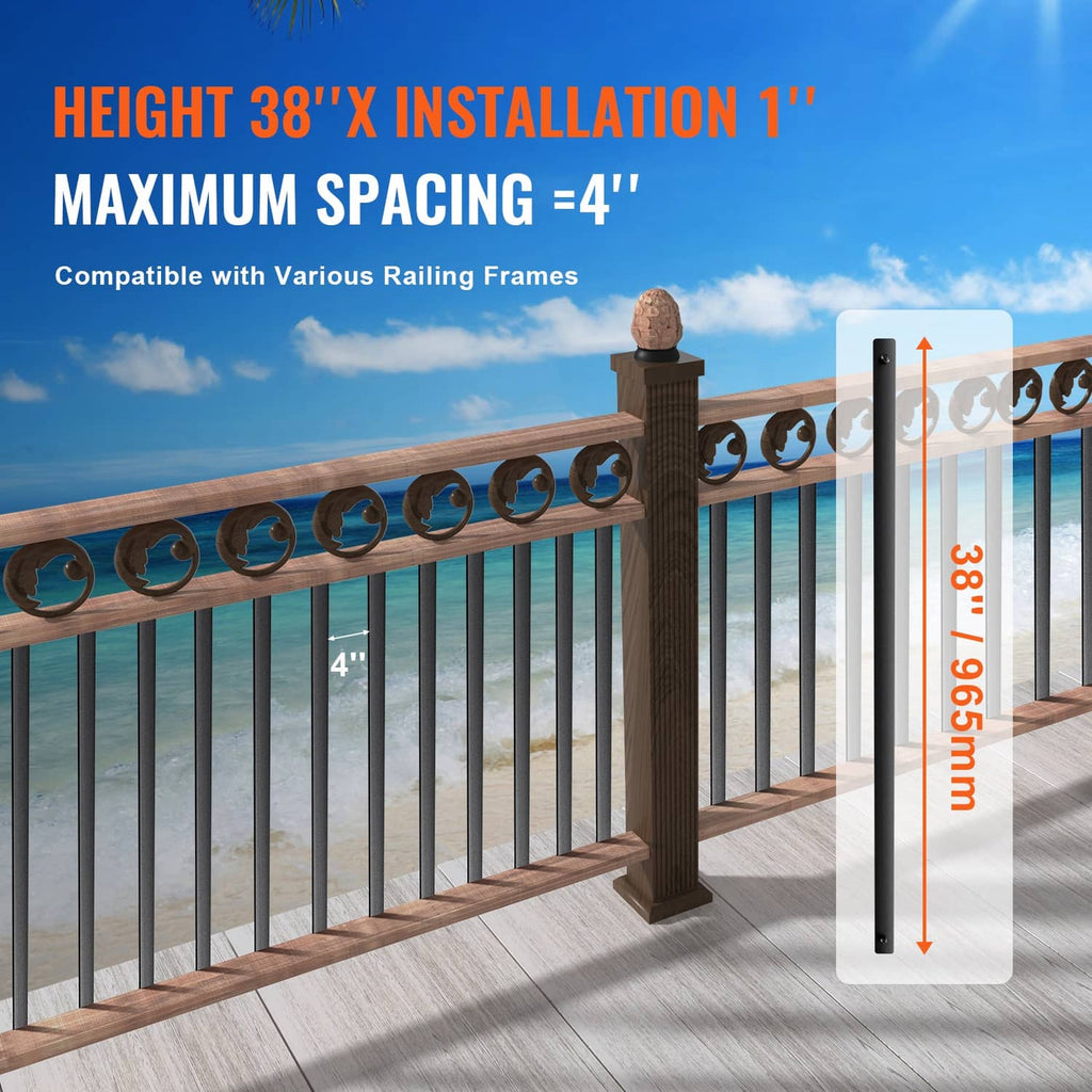 Matte black deck railing balusters on outdoor porch railing with wood top rail