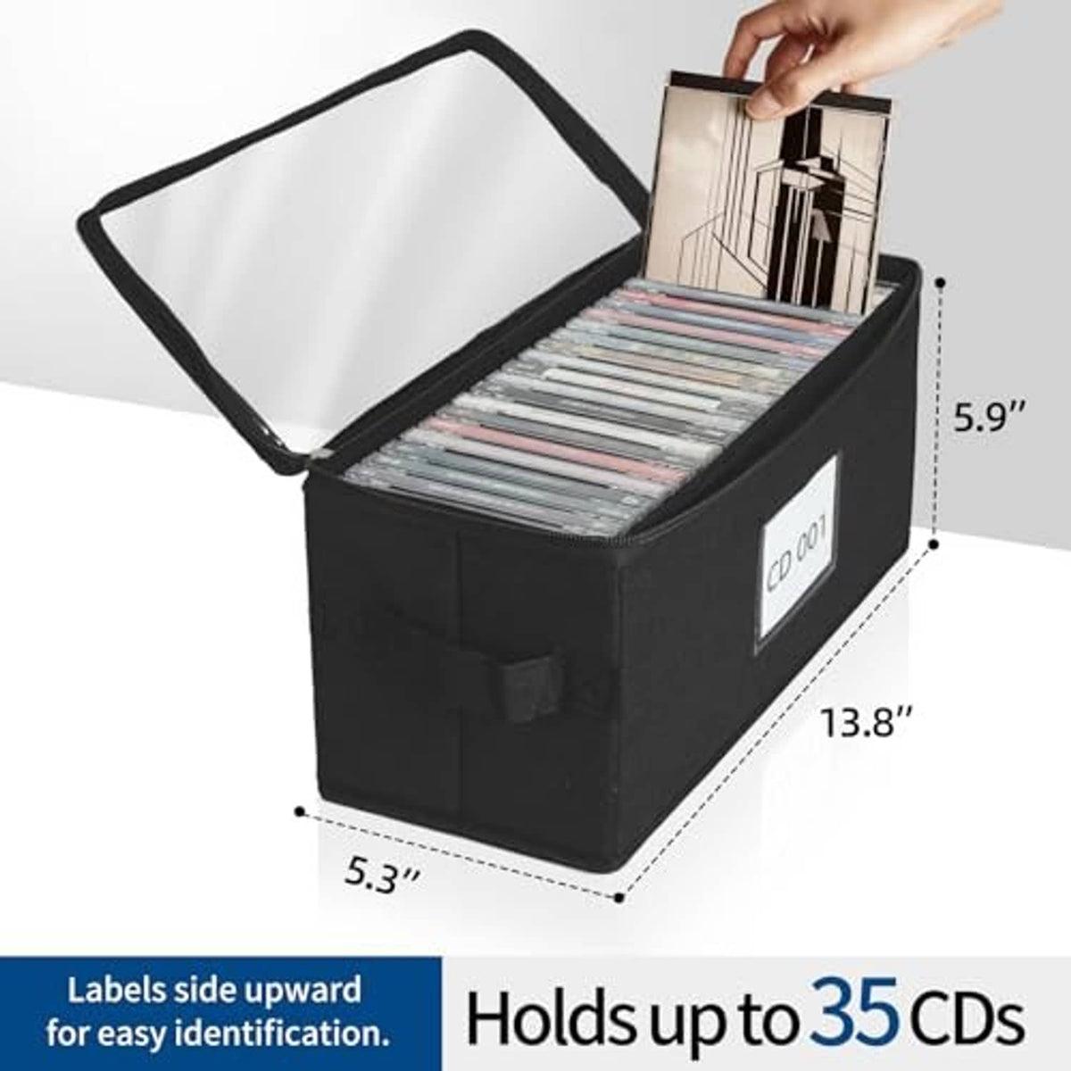 Black fabric CD storage box with open clear lid and front label window