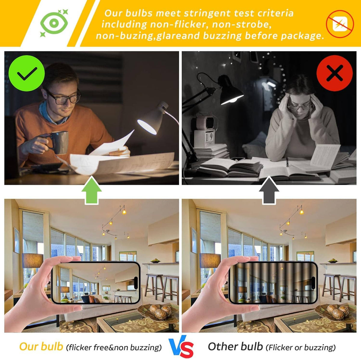 Dimmable LED T30 tube bulb, close-up lighting comparison panel, clear glass and E26 base