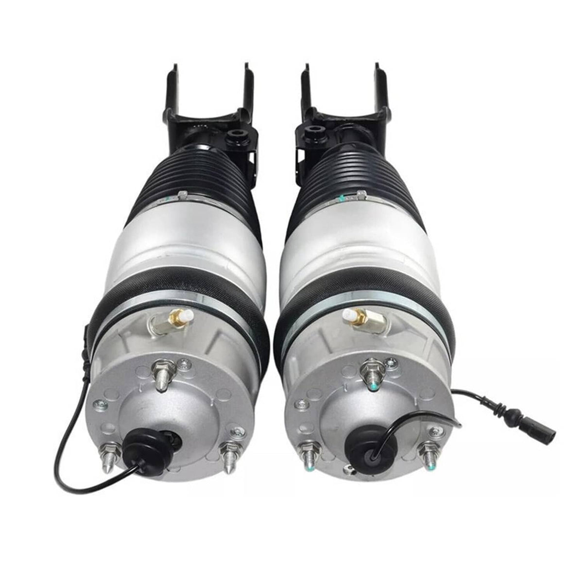 Two front air strut assemblies with silver cylinders, black bellows, and electrical leads