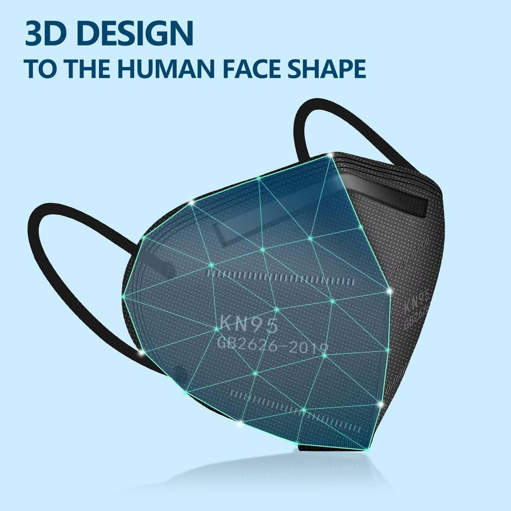 Black KN95 face mask with textured front panel and ear loop