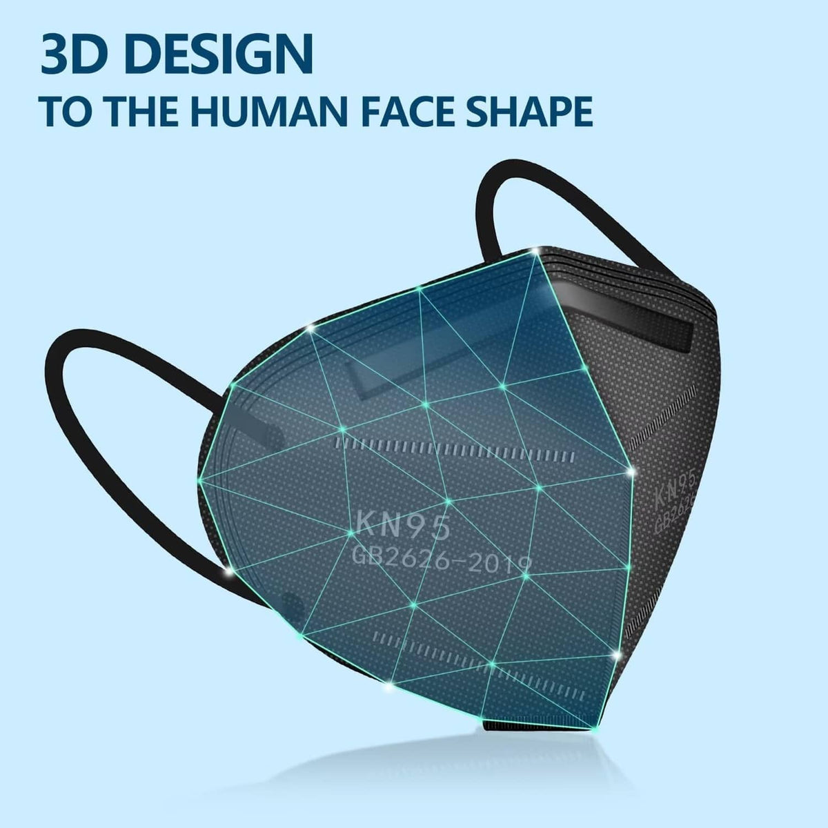 Black KN95 face mask with textured front panel and ear loop