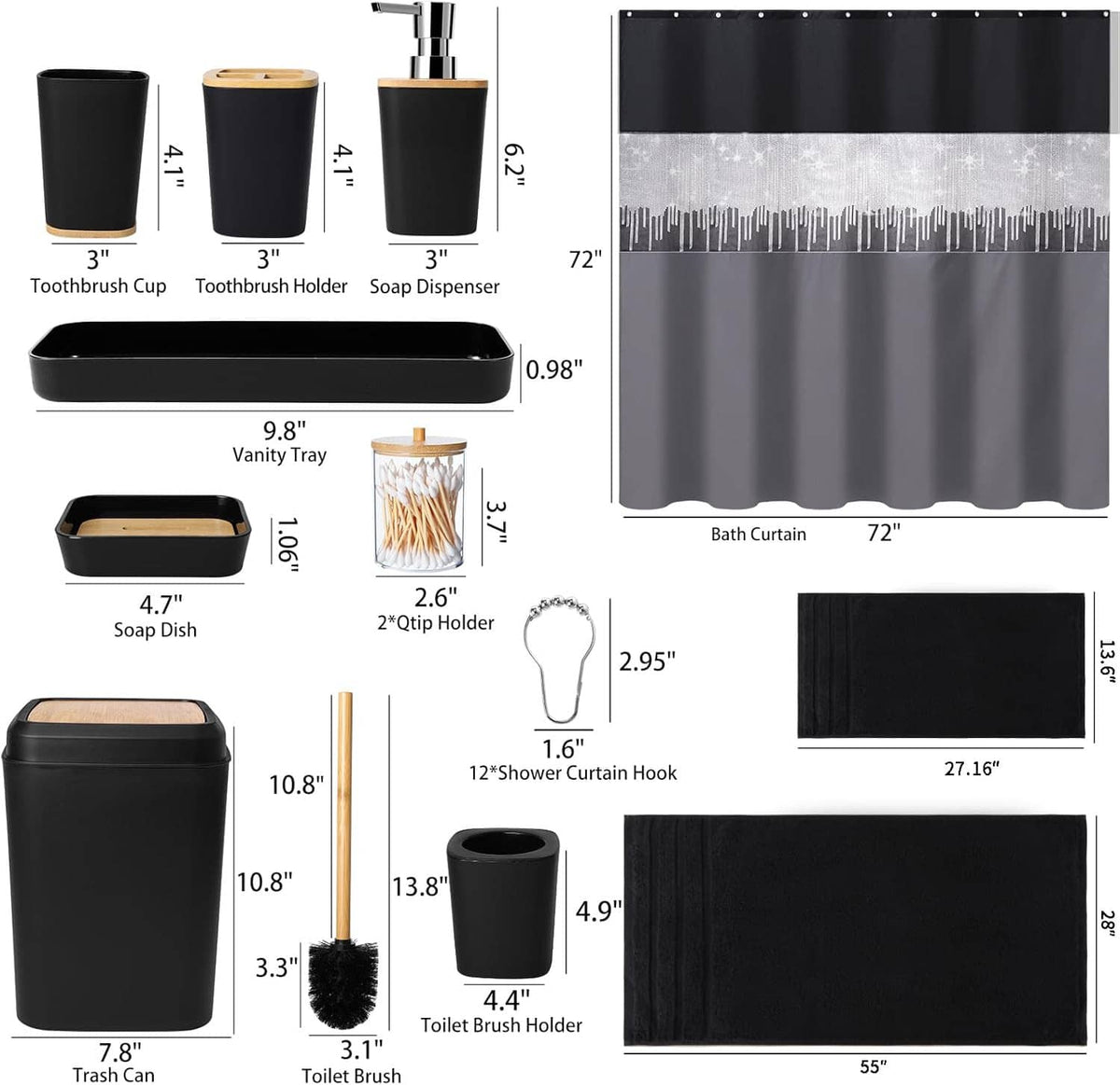 Black bathroom accessories set with containers, bamboo accents, toothbrush cups, and rugs