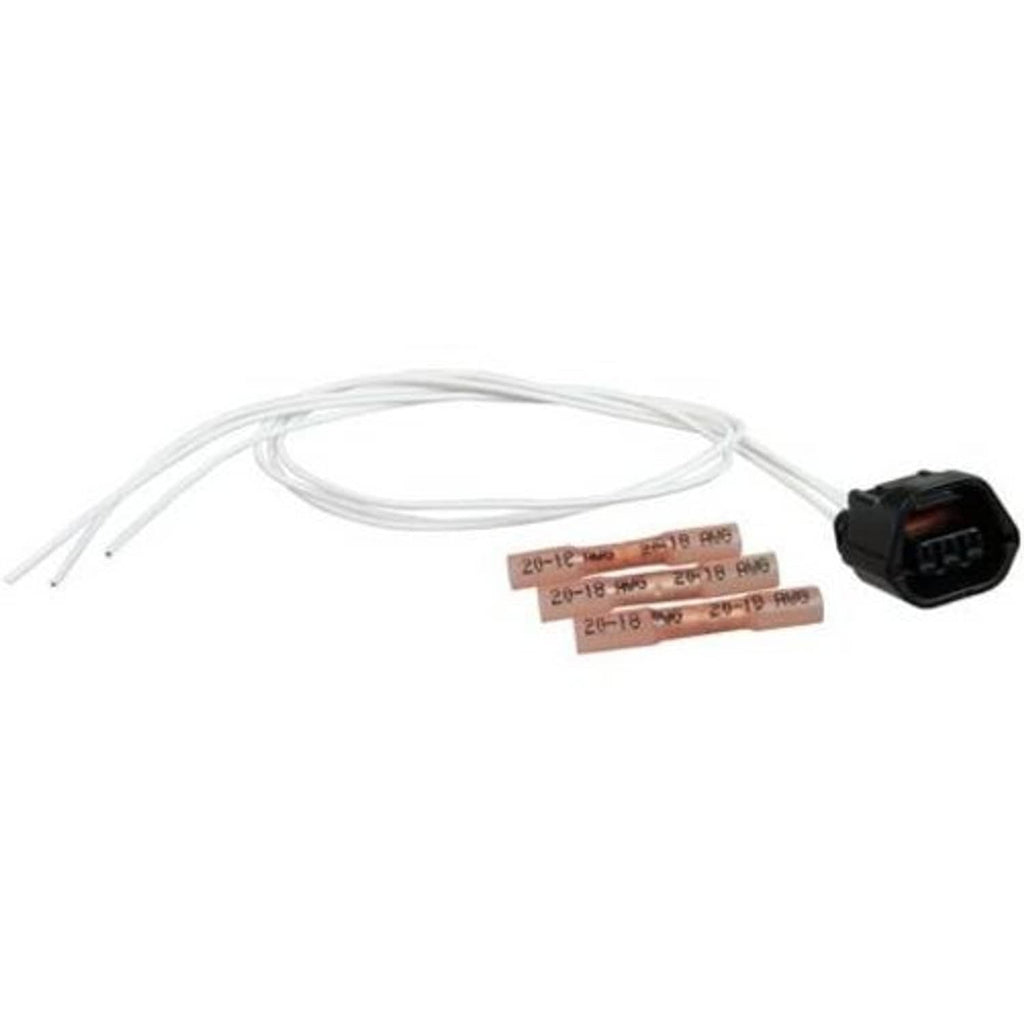 Camshaft sensor wiring harness with black plug, labeled heat-shrink leads and white wires
