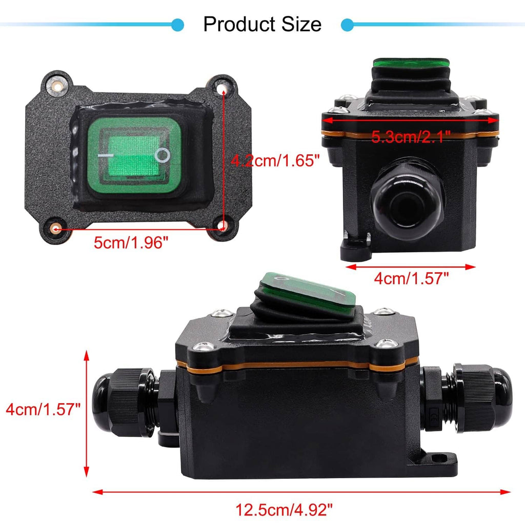 Waterproof inline cord switch size view with green rocker window and black body