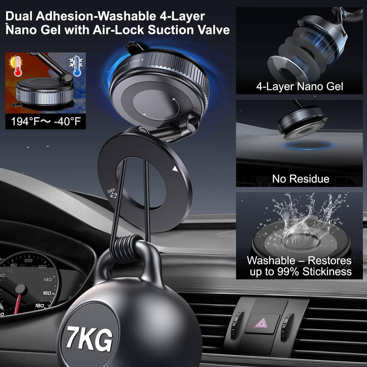 Vacuum magnetic car phone holder with 4-layer nano gel suction disc and lock valve