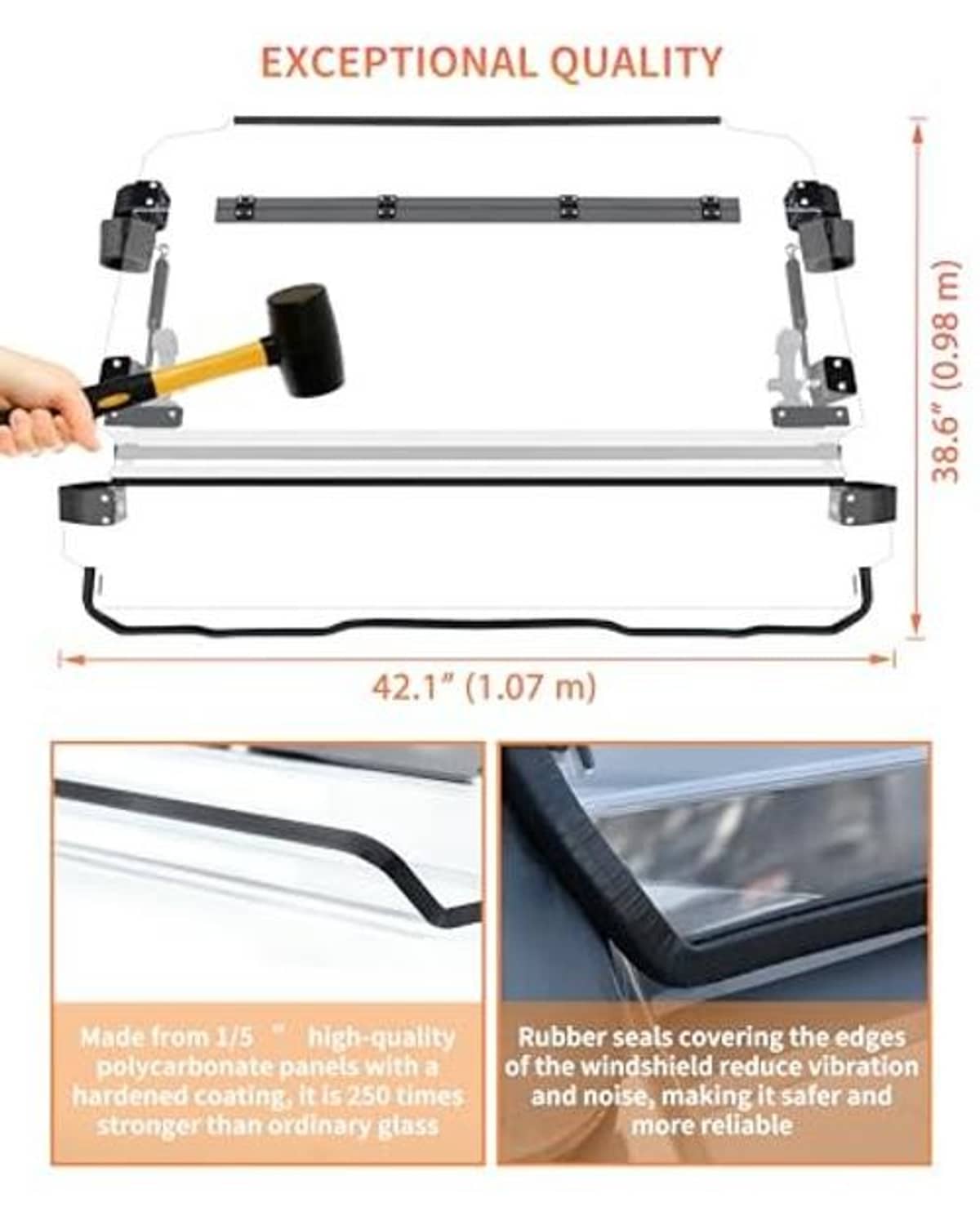 3-in-1 flip-up windshield kit with clear shield, black frame, and rubber edge seals