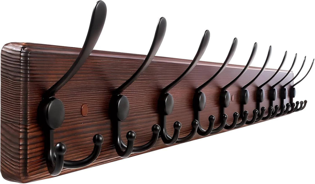 Long coat hook rack with dark wood finish and black metal hooks, full row