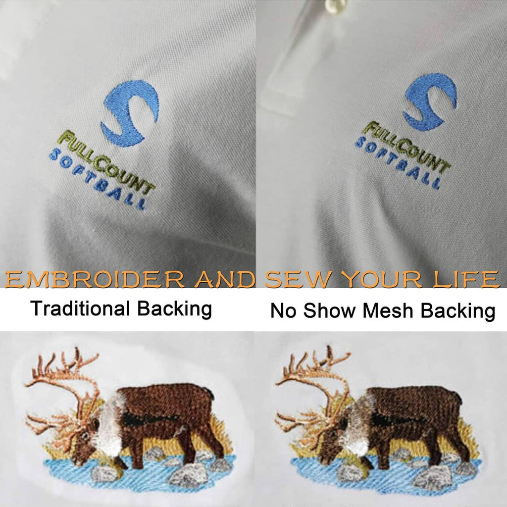 Embroidered animal patch detail on light fabric, no-show mesh backing vs traditional