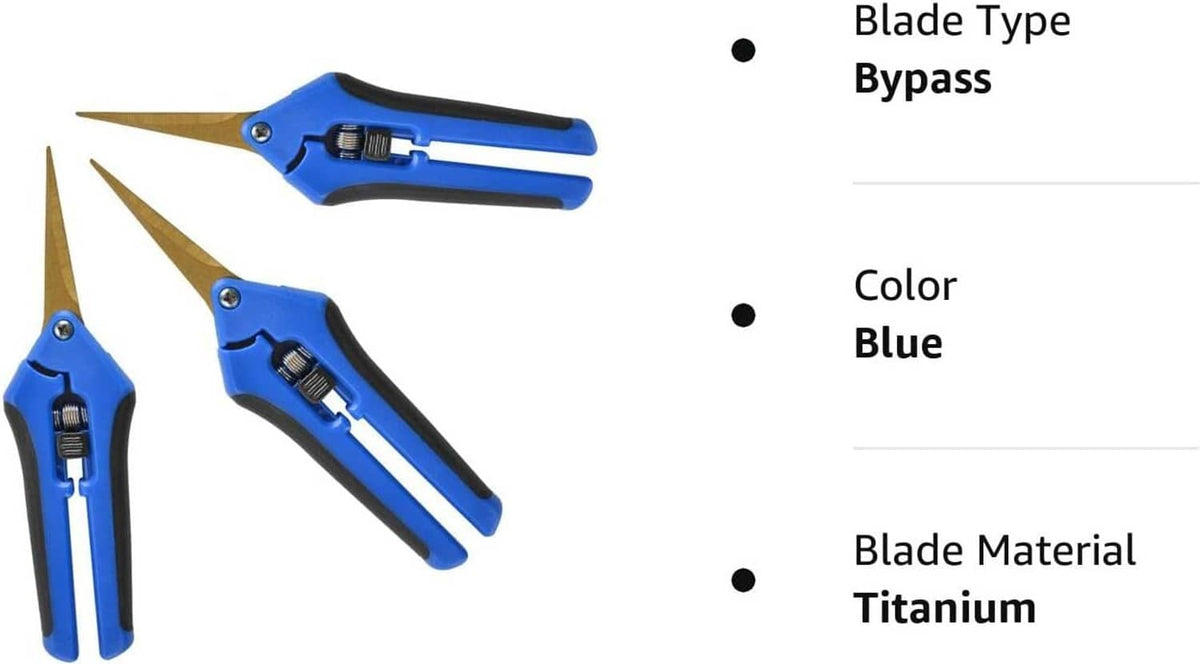 Blue bypass pruning shears with golden blades and black safety accents