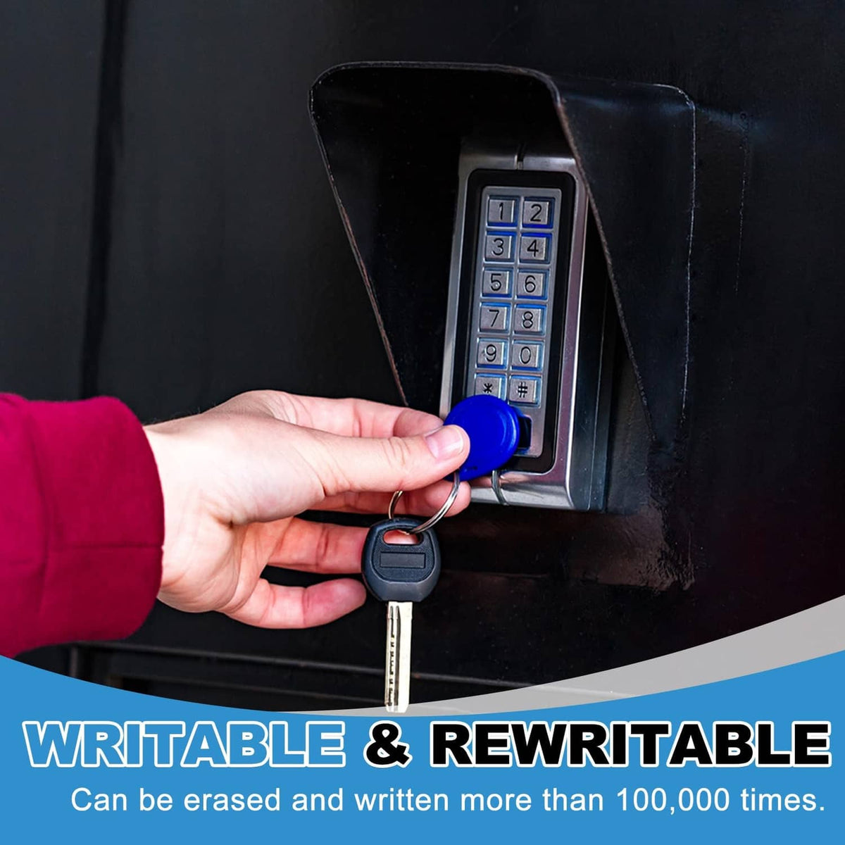 Blue RFID key fob being held near a keypad access panel