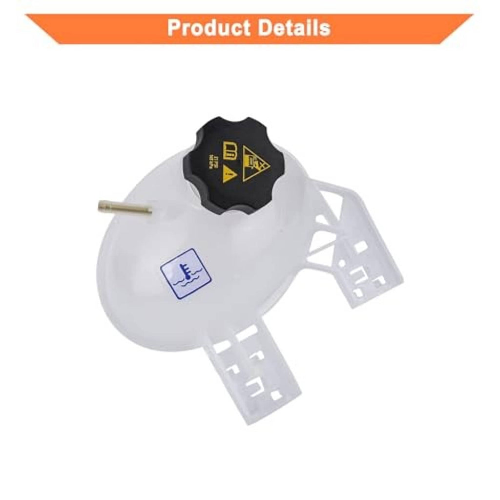 Front coolant reservoir tank with black cap and blue hand-safety label, mounting brackets
