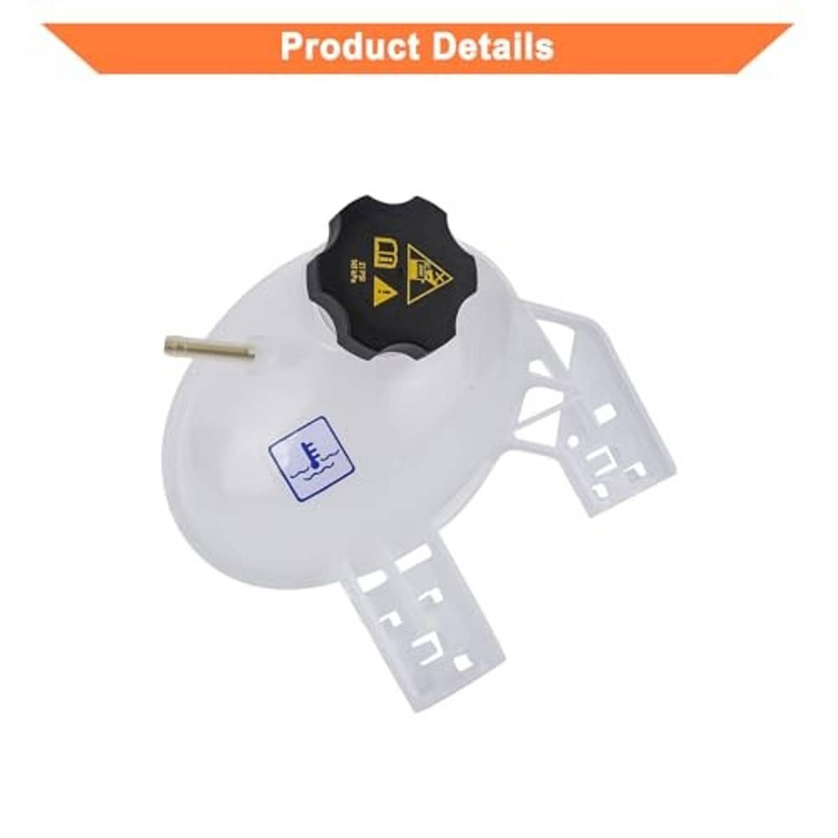 Front coolant reservoir tank with black cap and blue hand-safety label, mounting brackets