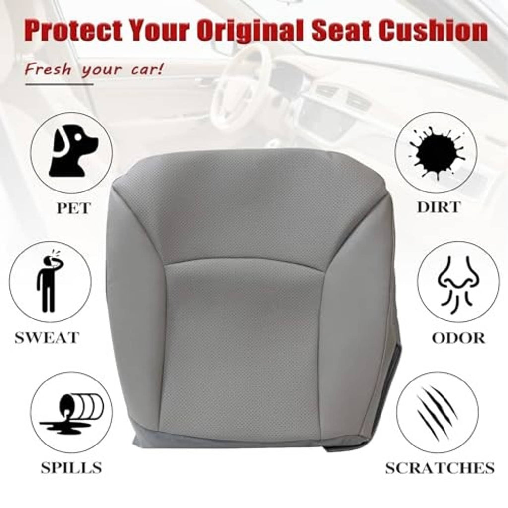Gray driver seat cover protecting cushion with molded contours and panel stitching.
