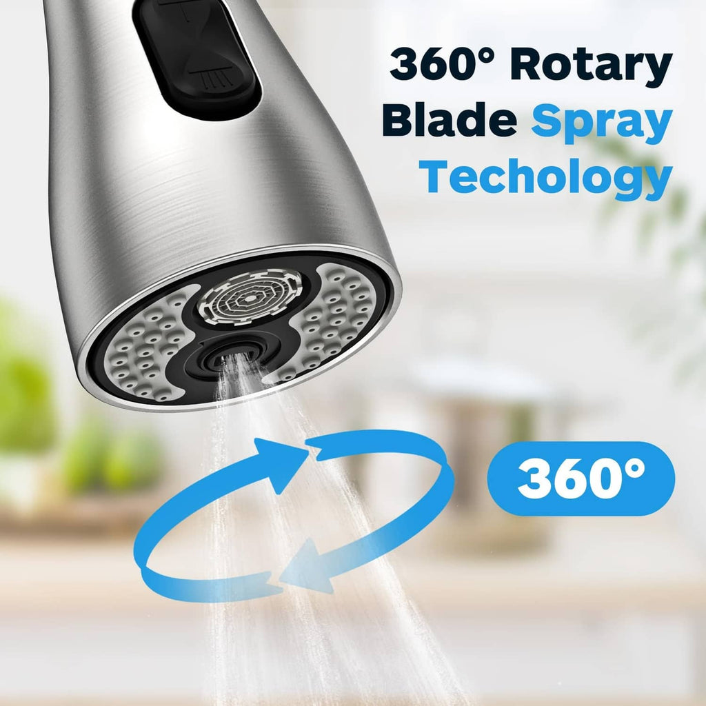 Brushed nickel rotating faucet sprayer head with wide blade spray